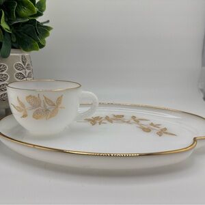 Vintage Federal Milk Glass Gold Clover Snack Plate  & Mug With